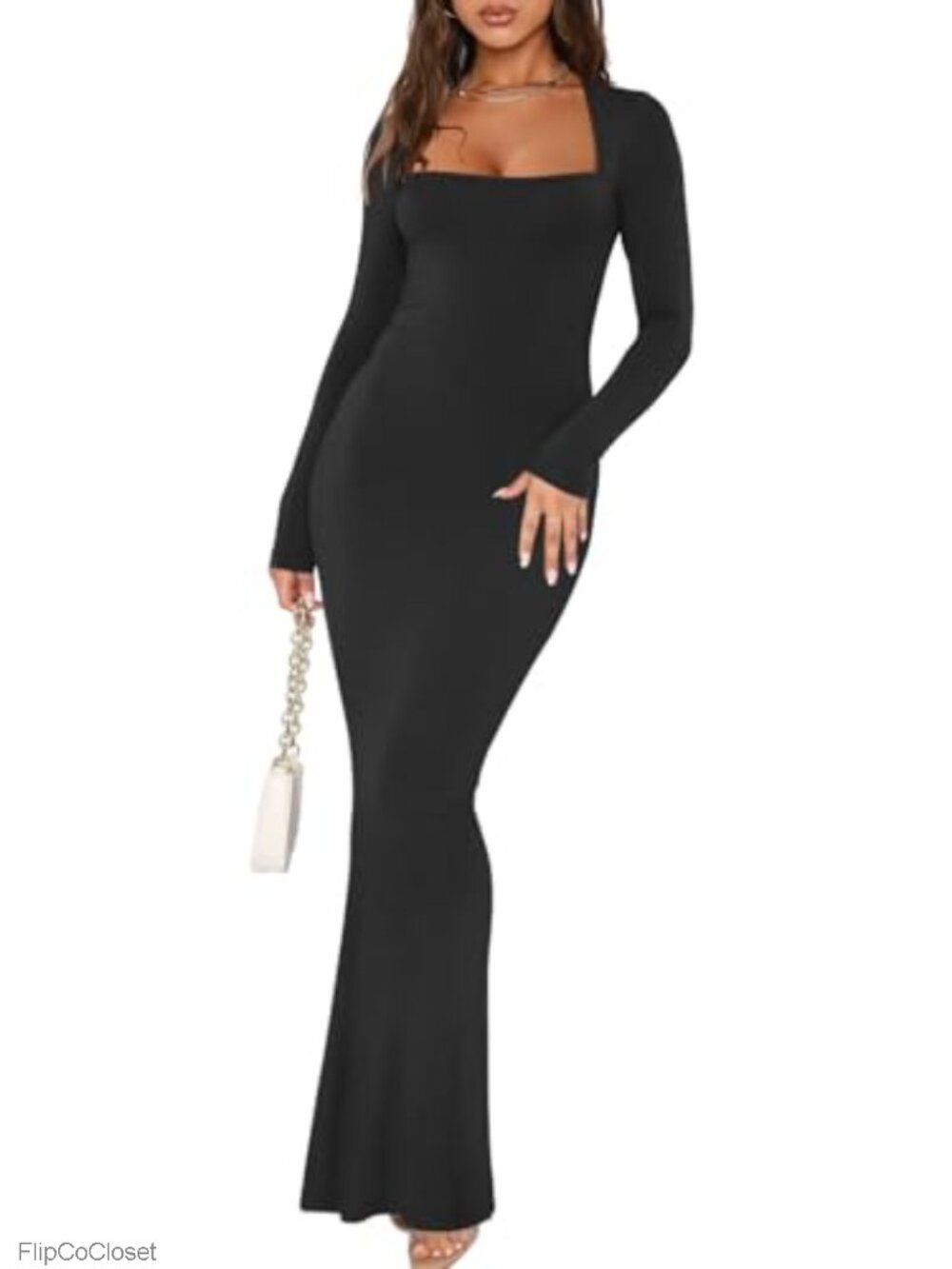 Womens Square Neck Long Sleeve Ribbed Bodycon Maxi Dress Casual Lounge